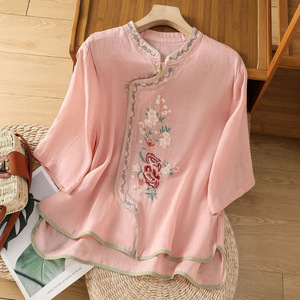 Traditional Chinese Embroidered Shirt Women Cotton Linen Stand Collar Three Quarter Sleeve Pullover Top - Product Image 2