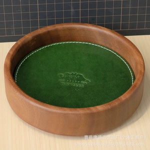 Walnut Wood Veneer <b>Storage</b> <b>Tray</b> Round Handmade Cowhide Lining Durability General Packaging Standing Type - Product Image 1