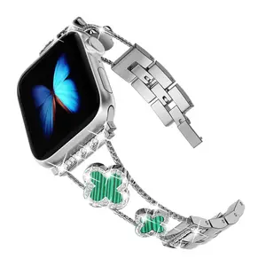珠光钻石珠宝三叶草女士手表表带苹果手表38 40 42 044 45 49毫米不锈钢女表带Iwatch