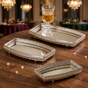 Elegant Polished Metal Serving Trays With Geometric Pattern <b>Rectangular</b> <b>Mirror</b> Top Residential Use - Product Image 3
