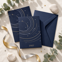 Carte de vœux personnalisée 2027 en papier coton bleu nuit avec étoiles dorées et argentées, impression de logo OEM, avec enveloppe
