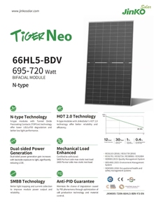 แผงโซลาร์เซลล์แบบโมโนคริสตัลไลน์ซิลิคอน 700w 720w 132 ฮาล์ฟเซลล์ ชนิด N สำหรับระบบไฟฟ้า JKM700-720N-66HL5-BDV-F2-EN, T - Product Image 1