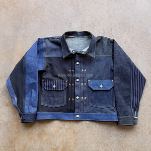 Giacche <span class=keywords><strong>in</strong></span> Denim OEM da <span class=keywords><strong>Uomo</strong></span> con Patchwork, Orlo Grezzo, Plissettate, con Bottoni, Stile Vintage Oversize, Giacche Corte <span class=keywords><strong>in</strong></span> Maglia Grezza per <span class=keywords><strong>Uomo</strong></span> - Product Image 1