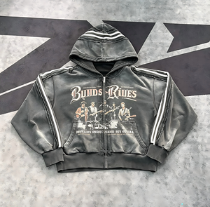 Felpa con cappuccio e zip con stampa grafica retrò, felpa con cappuccio streetwear effetto distressed con stampa DTG, stile <span class=keywords><strong>rock</strong></span> vintage da uomo - Product Image 1