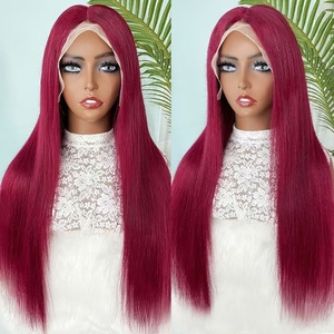 Parrucca 13x4 Front Lace 99J P4/27 Rossa Liscia con Capelli Remy da 26 Pollici, Doppia Trama a Macchina, per Uso Quotidiano e Styling per Feste - Product Image 5