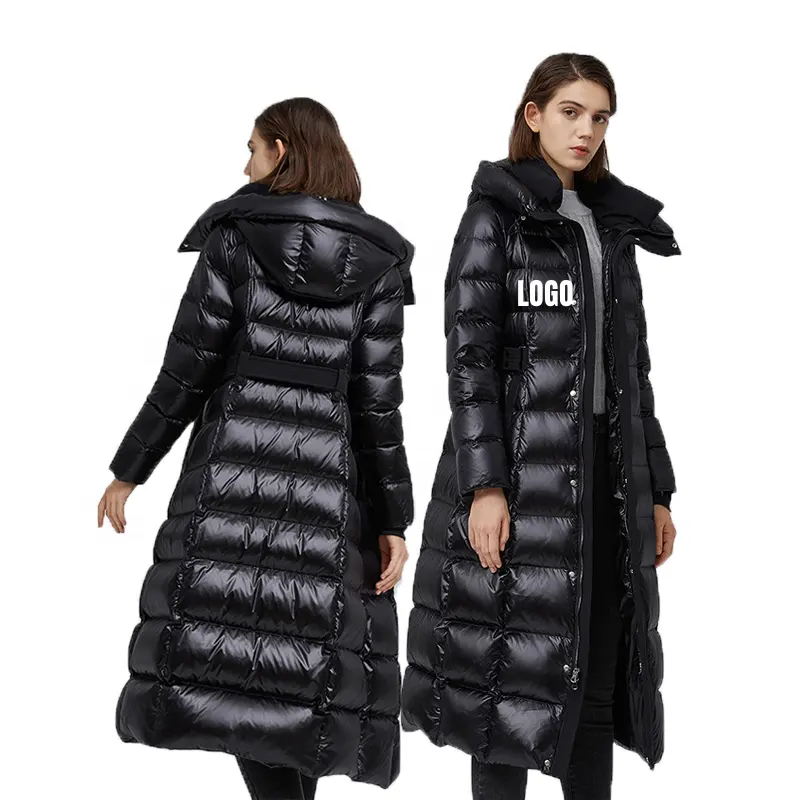 卸売プレミアム冬服明るい暖かいレディースコートフード付きロングダウンフグジャケットダウンコート女性用