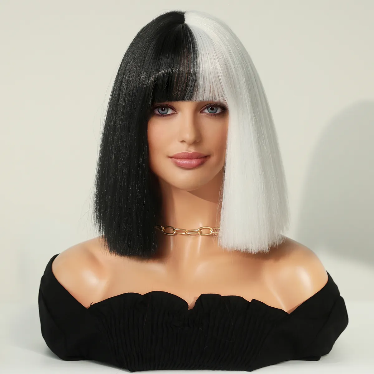 Cruella deville peruca com franja, preto e branco, bob, peruca de halloween, fantasia cosplay para mulheres, curta, cabelo reto