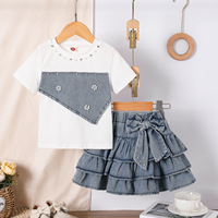 Ensemble de tenue d'été pour filles, t-shirt à patchwork avec strass, jupe bouffante en denim à nœud, vêtements décontractés