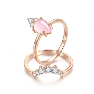 Two <b>Rings</b> Drop Shaped Rose Quartz Jewelry Rose Gold Plated Ladies Gift Party <b>Crystal</b> <b>Ring</b> Sets - Product Image 2
