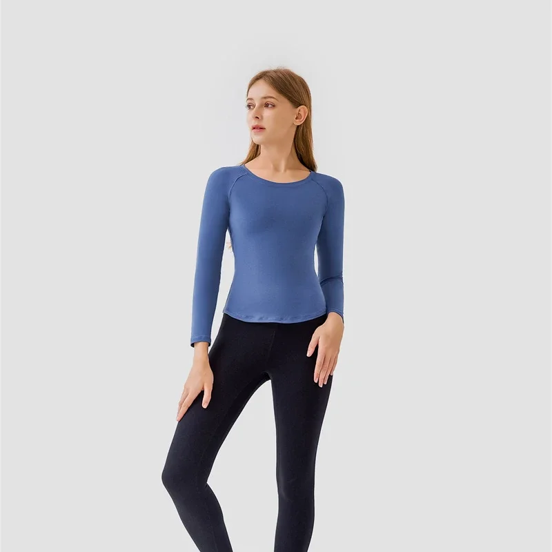 Women's Yoga Tops Seamless Four-Way Stretch Crew Neck Long Sleeve Breathable Athletic Shirts Spandex/Nylon Slim Fit