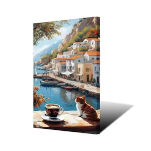 Stampa su tela con paesaggio <span class=keywords><strong>di</strong></span> un villaggio costiero impressionista, immagine vibrante per decorare le pareti del soggiorno - Product Image 1