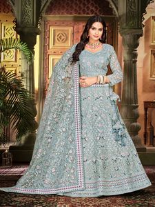 Luxurious Indian Wedding Ensemble for Adults <b>Net</b> Bridal Dress With Full Zarkan Stones & Diamonds Heavy <b>Dupatta</b> Big Flair Design - Product Image 2