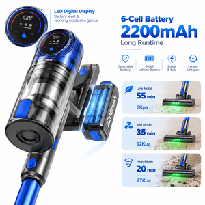 เครื่องดูดฝุ่นไร้สายแบบแท่ง 27KPa มอเตอร์ BLDC 350W ใช้งานได้นาน 55 นาที ตรวจจับฝุ่นสีเขียว แบตเตอรี่ 2200mAh โรงงานผู้ผลิต OEM ODM - Product Image 4