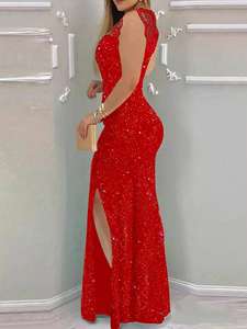 Abito Maxi in Maglia <span class=keywords><strong>con</strong></span> Applicazioni in Strass - Collo Alto, Spalle Scoperte, Aderente <span class=keywords><strong>con</strong></span> <span class=keywords><strong>Spacco</strong></span> <span class=keywords><strong>Laterale</strong></span> - Elegante <span class=keywords><strong>Vestito</strong></span> da Festa - Product Image 5