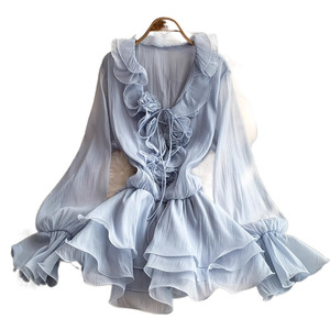 <span class=keywords><strong>Vestido</strong></span> <span class=keywords><strong>Corto</strong></span> <span class=keywords><strong>de</strong></span> Verano Elegante con Cuello en V y Volantes, Estilo Princesa Vintage <span class=keywords><strong>para</strong></span> Mujer, Nuevo 2025 - Product Image 2
