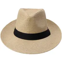 Chapeau de plage unisexe décontracté, nouveau, tendance été, plage, Large bord, Panama, couvre-chef en papier paille pour femmes et hommes, avec ruban noir