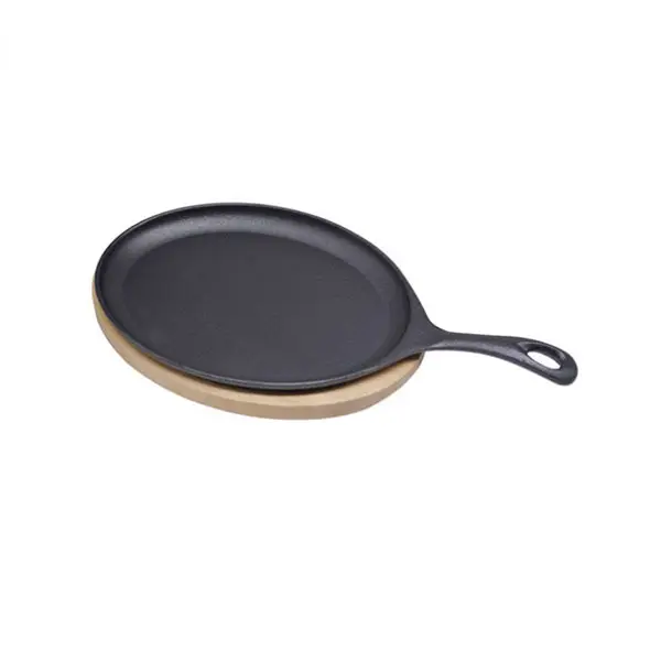 Japanese Steak oval Plate With Handle And Wooden Base Cast Iron Sizzling Fajita Skillet For Restaurant Kitchen