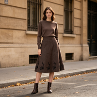 Jupe décontractée pour femme en tricot mi-longue à taille haute, coupe trapèze, motif floral, en mélange de laine, écologique