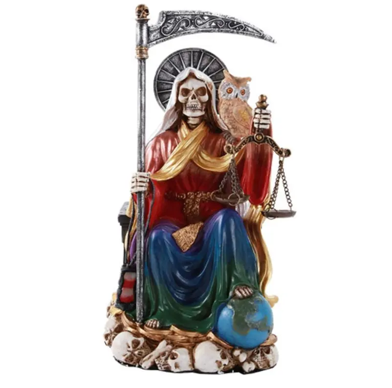 Estatuilla de estatua de resina religiosa de los Siete poderes de la Santa Muerte (sentado 9 ")