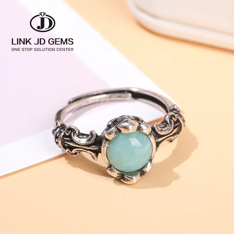 Jd Cổ Điển Tự Nhiên Đá Cabochon Có Thể Điều Chỉnh Kích Thước Ngón Tay Nhẫn Đồng Mạ Tây Tạng Bạc Tự Nhiên Larimar Đá Nhẫn