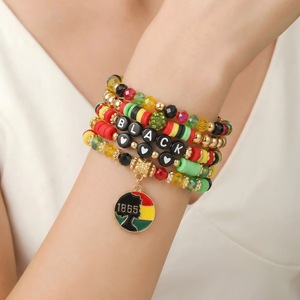 June Kwanza Festival <b>Bracelet</b> Set Polymer Clay Letter Beads <b>Stacked</b> Jewelry Alloy Pendant Black Culture Festival Gift Unisex - Product Image 2
