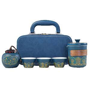 Kit de thé Gongfu avec sac en cuir bleu de qualité supérieure, théière en céramique de style chinois traditionnel rétro et 3 tasses pour coffret cadeau - Product Image 5