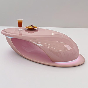 Table basse incurvée en fibre de verre brillante de couleur personnalisée moderne avec éclairage LED pour salon, meubles de maison - Product Image 3