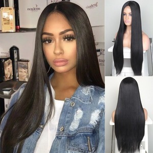 Perruque Longue et Lisse <span class=keywords><strong>Noire</strong></span> en Fibre Haute Température <span class=keywords><strong>de</strong></span> 24 Pouces pour Femmes, avec Raie au Milieu et Frange - Product Image 6