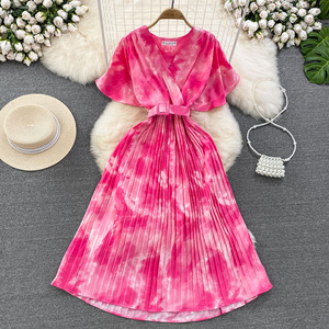 Ym919 Đầm xếp li eo thon thắt lưng ngắn tay in họa tiết nhuộm Cà Vạt 2025 sang trọng Hàn Quốc Đầm nữ - Product Image 4