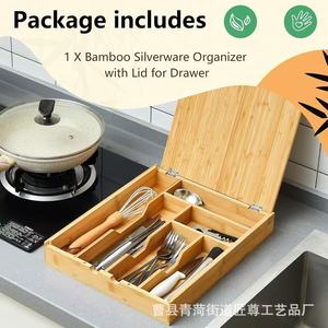 Boîte de rangement pour couverts en bois sur mesure, à couvercle rabattable, grande capacité, avec compartiments séparés pour baguettes, cuillères, couteaux, etc. - Product Image 5