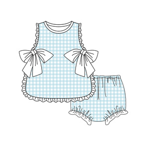 Précommande MOQ 5 – Ensemble d'été à volants pour filles, motif écossais, vente en gros, vêtements pour frères et sœurs, boutique Trendyism, Spandex Bio - Product Image 4