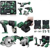 Ensemble d'outils sans fil vert et noir, kit d'outils électriques, perceuse, clé à chocs, meuleuse d'angle, scie, chargeur de batterie, coffret rigide, réparation à domicile