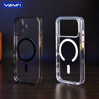 VAWI C028 Coque de téléphone transparente magnétique avec bouton métallique, compatible avec iPhone 12 13 14 15 16 17, antichoc, PC transparent, coque de téléphone
