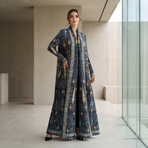 Nouvelle <span class=keywords><strong>Abaya</strong></span> Plissée Miyake 2026, Manteau Long Imprimé Ethnique Beige et Bleu pour Femme, Tenue Extérieure Élégante Thermofixée - Product Image 4