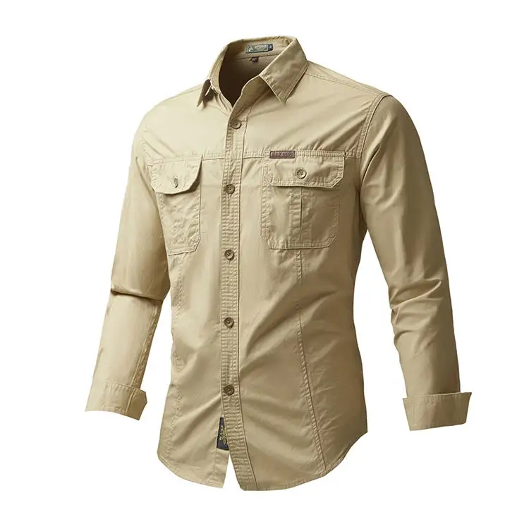 Loose fit Heavyweight Cotton army green Double Pocket shirt Long Sleeve turn down Collar Casual Shirts