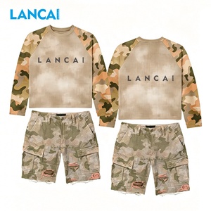 Lancai Custom Breathable Patchwork <b>Camouflage</b> Long Sleeve Waffle Raglan Sleeve T Shirt Men's Distressed Print Cotton Cargo - Product Image 1