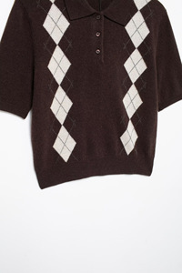 Womens Spring New Fashion Diamond Color Matching Half-Sleeved <strong>Cardigan</strong> <strong>Sweater</strong> for POLO Shirt Half-Lapel - Product Image 6