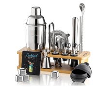 Ensemble d'outils de bar 24 pièces comprenant un support de rangement, des shakers et tous les ustensiles de mélange nécessaires pour la préparation de cocktails