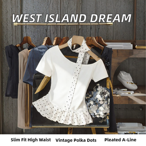 Jupe plissée élégante vintage West Island Dream, style rétro français, taille haute, color block, à pois, taille unique, col Peter Pan - Product Image 2