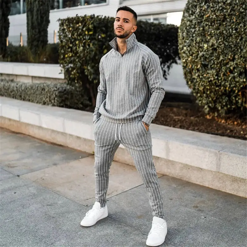 best selling fashion streetwear stripe men suit sports long sleeved sweater and two piece pant set for men