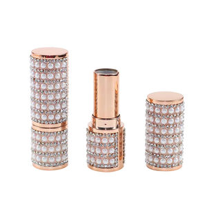 Wadah tabung lipstik kulit mutiara persegi, wadah tabung lipstik kosong berlian imitasi mewah untuk kosmetik siap dikirim - Product Image 1