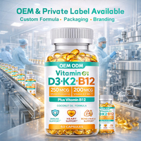 Capsules de Vitamine D3 K2 B12 en Gélules Molles à Marque Blanche 250mcg 200mcg MK7 pour l'Énergie, 60 Capsules pour Femmes, Complément Alimentaire