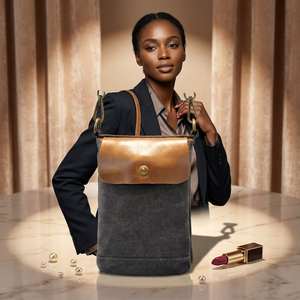 Bolso bandolera de lona y cuero al por mayor, gris oscuro y marrón, diseño con solapa, cierre a presión, compacto, correa ajustable, costuras duraderas - Product Image 2