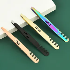 Private Label Eyebrows Tweezers Set Professional Tweezers With Brush For Ingrown Hair Facial Hair Removal Black Gold