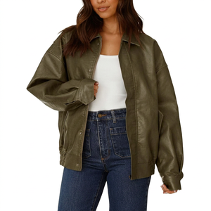 Veste moto pour femme en cuir PU vert tressé, à manches longues, fermeture éclair, col rabattable, style automne - Product Image 1