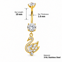 Anneaux de nombril en acier chirurgical 316L doré avec zircone cubique, bijoux de piercing de nombril pendantes, motifs Cygne, Fleur, Nœud, Cœur, Croix, bijoux corporels, vente en gros
