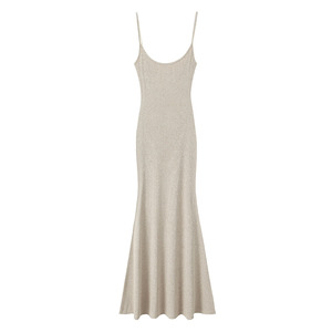 Vestido Maxi Halter Acanalado de Cachemira Sintética con Corte en S, Cintura Natural, Ajustado, Color Liso, Uso Diario Casual para Mujer N9338 - Product Image 1