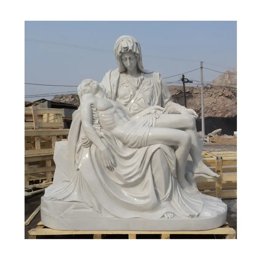 Escultura ao ar livre mão esculpido virgem maria jesus, branco mármore pieta estátua