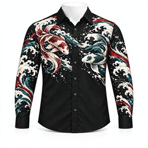 Herren Langarm-Hemd in Schwarz mit Knöpfen, Koi-Fisch und Meereswellen-Druck, Künstlerisches Casual-Oberteil, 100% Baumwolle, Atmungsaktiv - Product Image 1