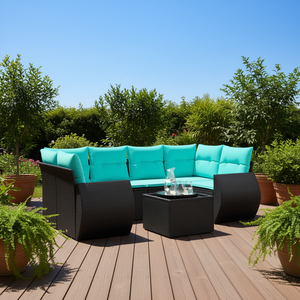 Set Divano da Esterno in Polyrattan Nero con Cuscini, 7 Posti, Arredamento da Giardino Stile Contemporaneo Design Moderno - Product Image 2